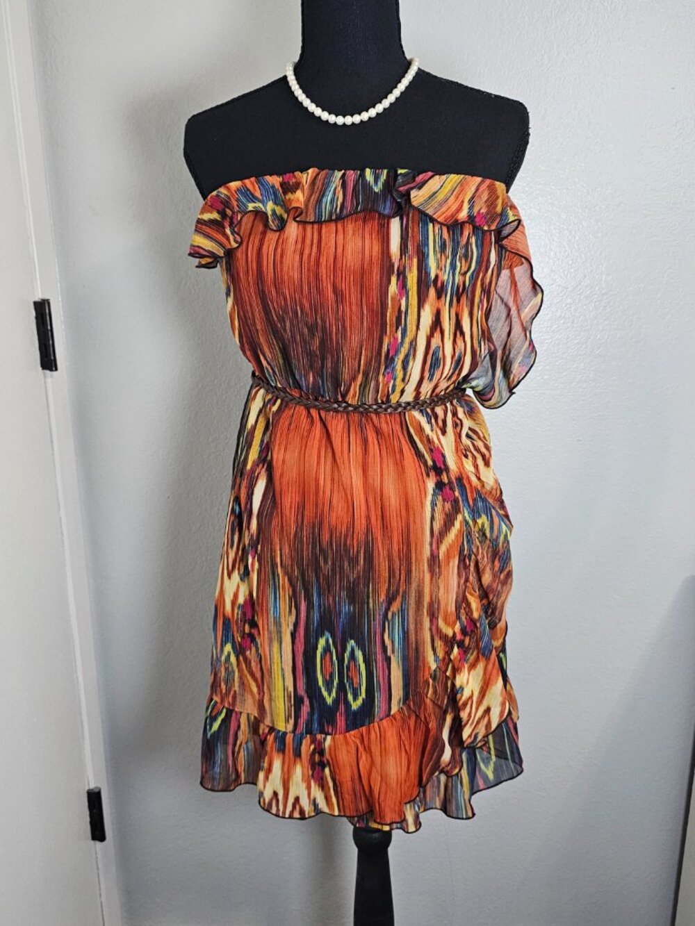 NEW Modern Love Strapless Ikat Mini Dress Ruffle Trim Belted Boho Size Small - Picture 2 of 7
